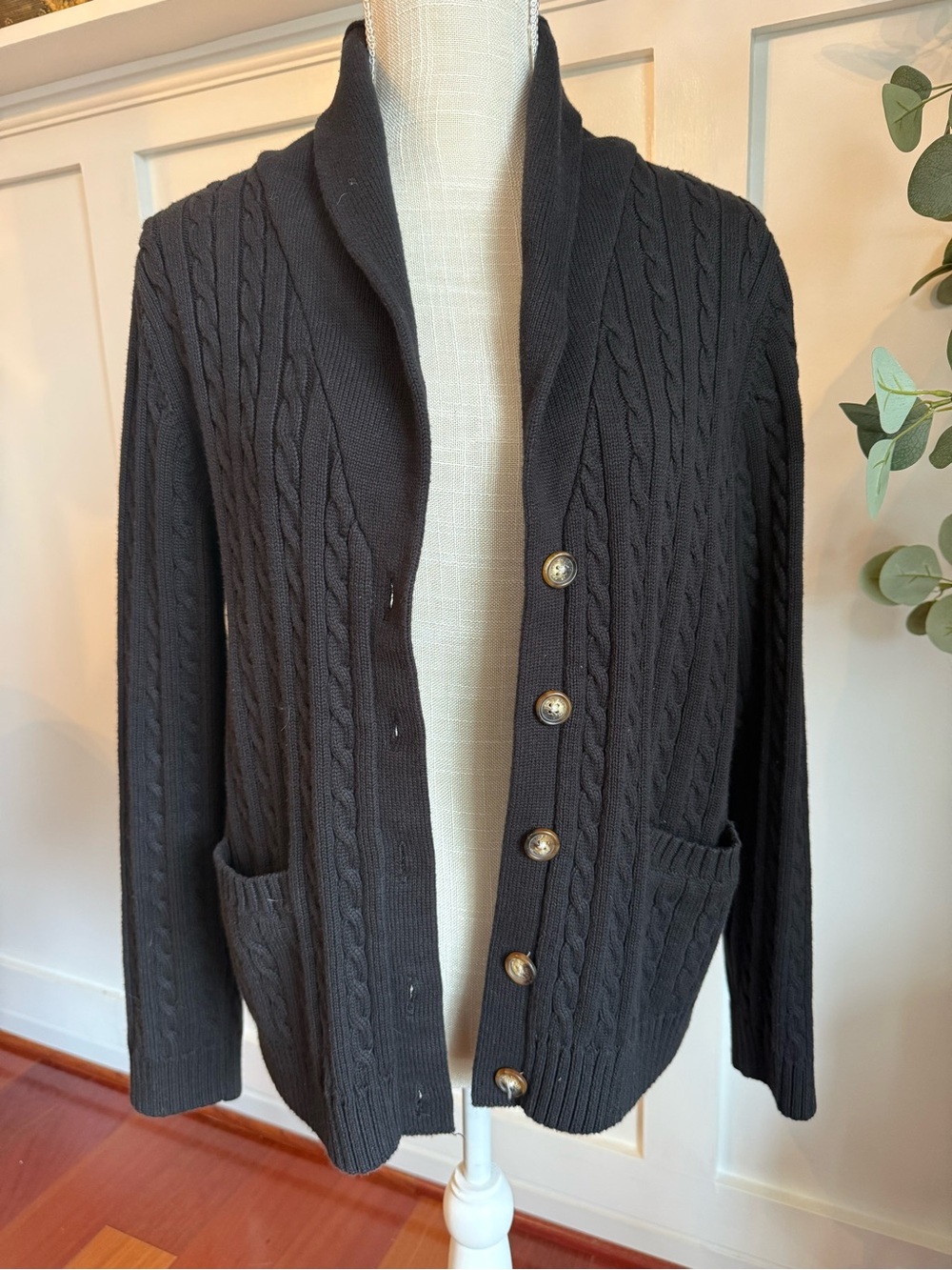 Orvis Black Cable-Knit Shawl Collar Cardigan Size L